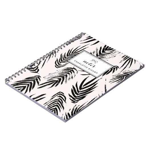 Roze en Zwarte Borstel Palm Bladeren Patroon Custo Notitieboek (Linkerzijde)