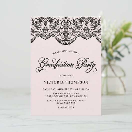Roze en Zwarte Brocade Kant Graduation Party Kaart (Staand voorkant)