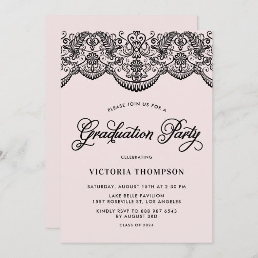 Roze en Zwarte Brocade Kant Graduation Party Kaart (Voorkant / Achterkant)