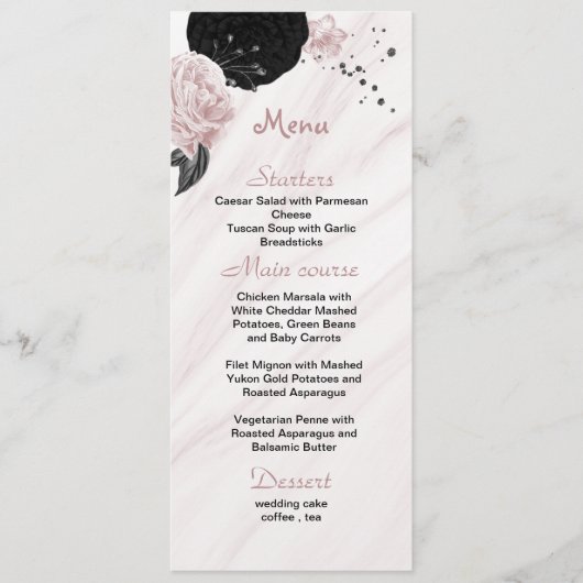roze en zwarte bruiloft menu (Voorkant)