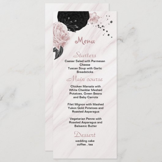 roze en zwarte bruiloft menu (Voorkant / Achterkant)