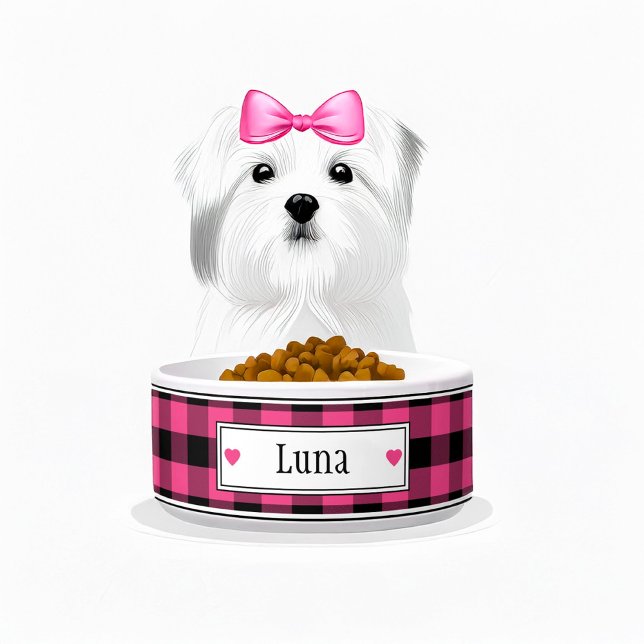 Roze en zwarte Buffalo speelnaam Voerbakje (pink and black plaid personalized dog bowl)