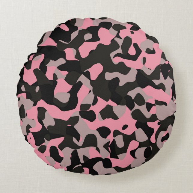 Roze en zwarte Camo Rond Kussen (Voorkant)