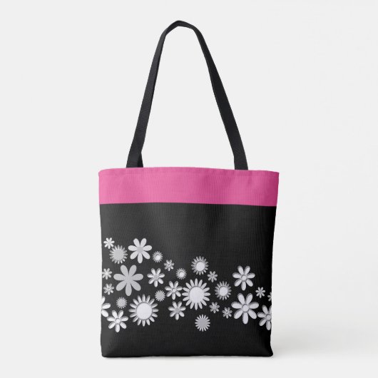 Roze en zwarte Canvas tas met witte bloemen (Achterkant)