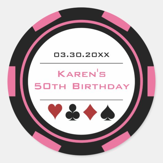Roze en Zwarte Casino Poker Chip Verjaardag Ronde Sticker (Voorkant)