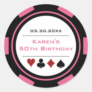 Roze en Zwarte Casino Poker Chip Verjaardag Ronde Sticker