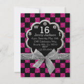 Roze en zwarte checkboard Glitter Sweet 16 Kaart (Voorkant)