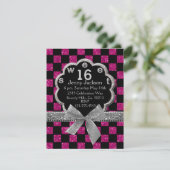 Roze en zwarte checkboard Glitter Sweet 16 Kaart (Staand voorkant)