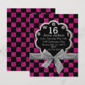 Roze en zwarte checkboard Glitter Sweet 16 Kaart (Voorkant / Achterkant)