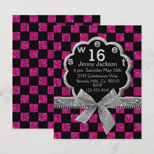Roze en zwarte checkboard Glitter Sweet 16 Kaart (Voorkant / Achterkant)