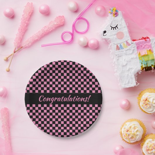 Roze en zwarte checkboard op maat papieren bordje (Feest)