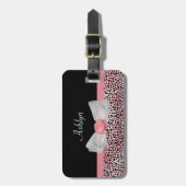 Roze en zwarte Cheetah Print Cute Bow met naam Bagagelabel (Voorkant verticaal)