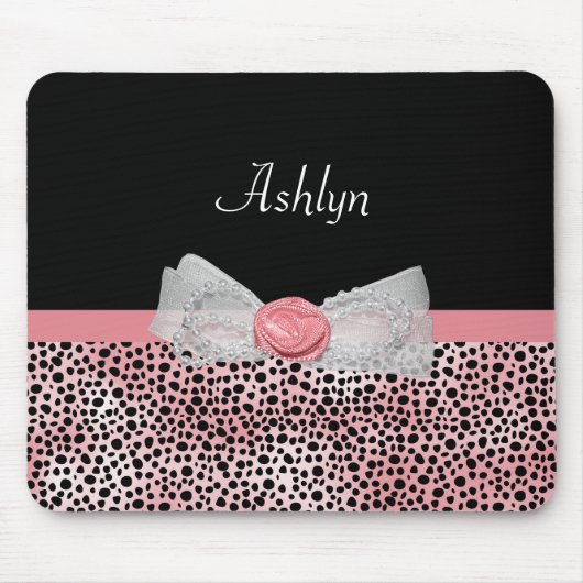 Roze en zwarte Cheetah Print Cute Bow met naam Muismat (Voorkant)