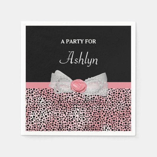 Roze en zwarte Cheetah Print Cute Bow met naam Servetten (Voorkant)