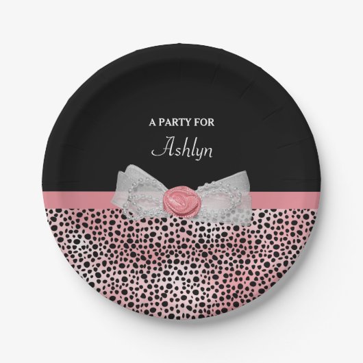 Roze en zwarte Cheetah Print Cute Bow Party Name Papieren Bordje (Voorkant)