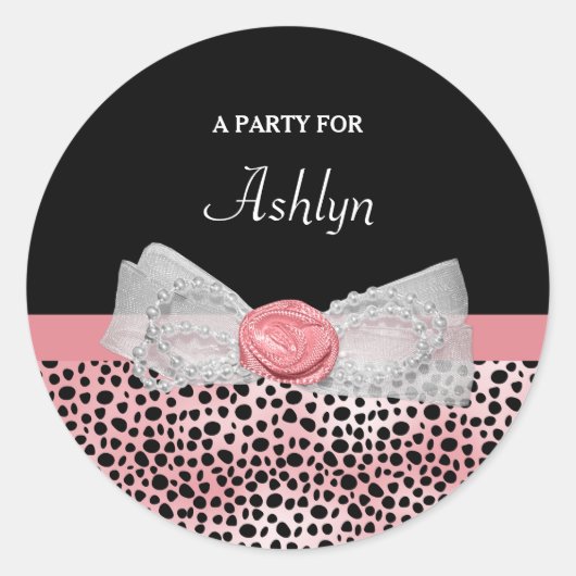 Roze en Zwarte Cheetah Print Schattigee Boog Party Ronde Sticker (Voorkant)