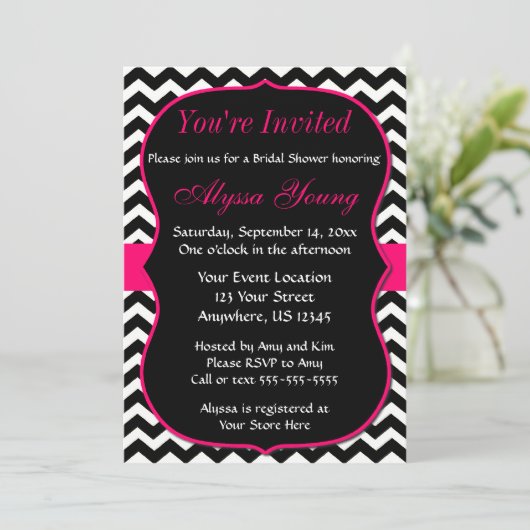 Roze en zwarte Chevron Bridal Shower Kaart (Staand voorkant)