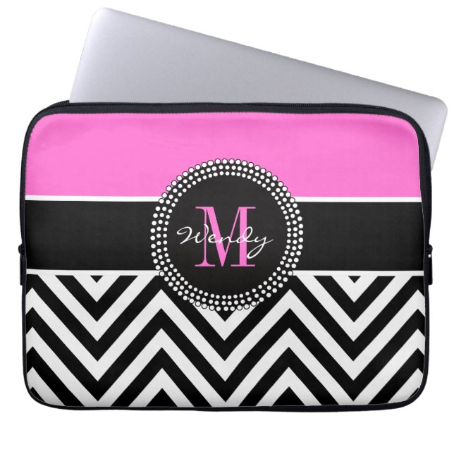 Roze en zwarte Chevron Monogram Elegant Laptop Sleeve (Voorkant)