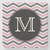 Roze en zwarte Chevron Monogram Stone Onderzetter (Voorkant)