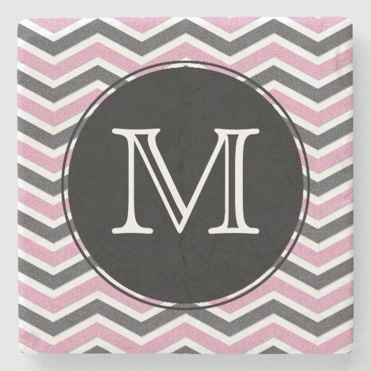 Roze en zwarte Chevron Monogram Stone Onderzetter (Voorkant)