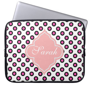 roze en zwarte cirkel polka stippen monogram laptop sleeve