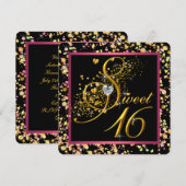 Roze en zwarte Confetti Sweet Sixteen Kaart (Voorkant / Achterkant)