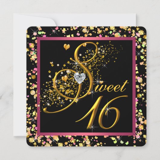 Roze en zwarte Confetti Sweet Sixteen Kaart (Voorkant)