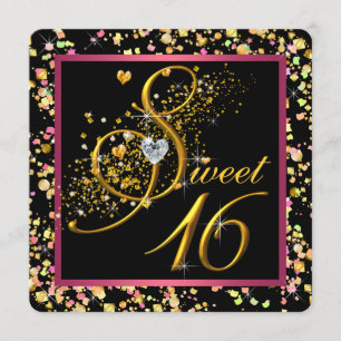 Roze en Zwarte Confetti Sweet Sixteen Kaart
