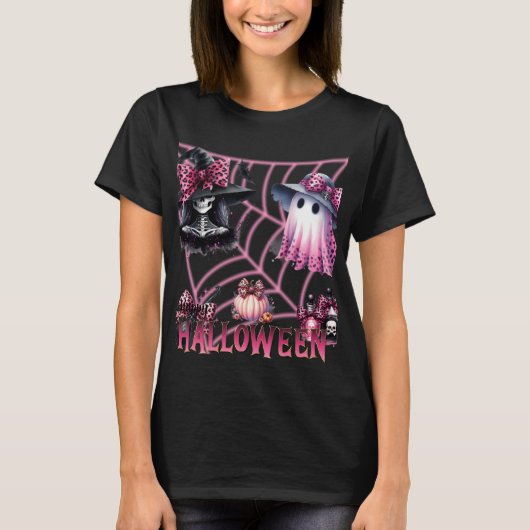 Roze en zwarte Coquette Halloween T-shirt (Voorkant)