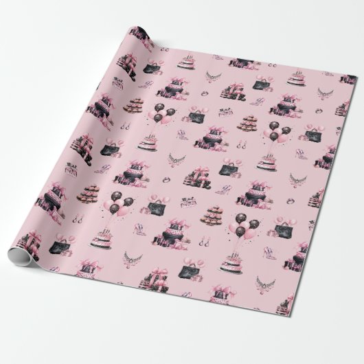 Roze en Zwarte Couture Mode Verjaardagspatroon Cadeaupapier (Uitgerold)
