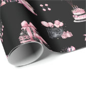 Roze en Zwarte Couture Mode Verjaardagspatroon Cadeaupapier (Rol Hoek)