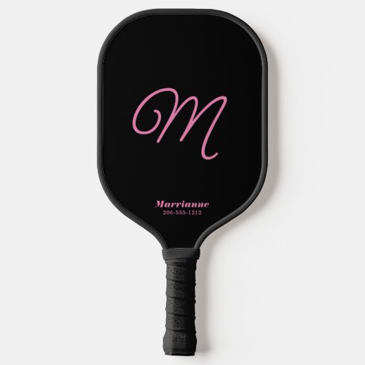 Roze en zwarte Cute Simple Initiaal Script-monogra Pickleball Paddle (Achterkant)