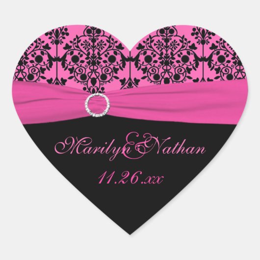 Roze en Zwarte Damask 1,5"Hart Vorm Sticker (Voorkant)