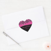 Roze en Zwarte Damask 1,5"Hart Vorm Sticker (Envelop)