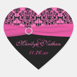 Roze en Zwarte Damask 1,5"Hart Vorm Sticker