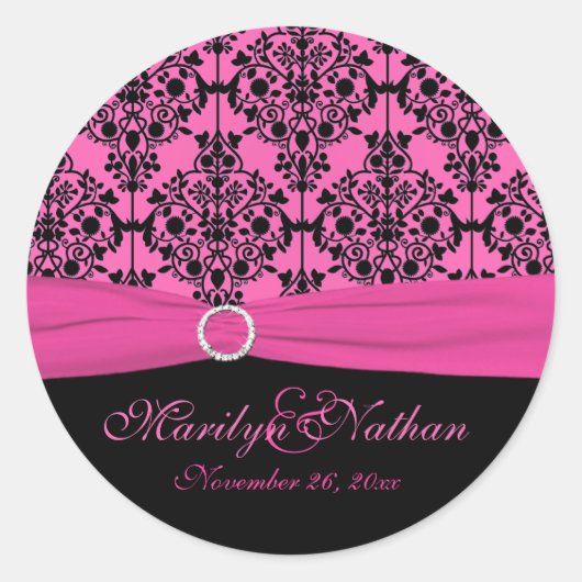 Roze en Zwarte Damask 1,5"Ronde Sticker (Voorkant)