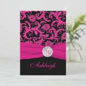 Roze en zwarte Damask 30th Birthday Invitation Kaart (Staand voorkant)