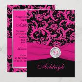 Roze en zwarte Damask 30th Birthday Invitation Kaart (Voorkant / Achterkant)