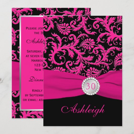 Roze en zwarte Damask 30th Birthday Invitation Kaart (Voorkant / Achterkant)