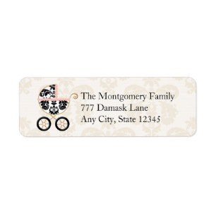 Roze en zwarte Damask Baby Carriage Return Etiket