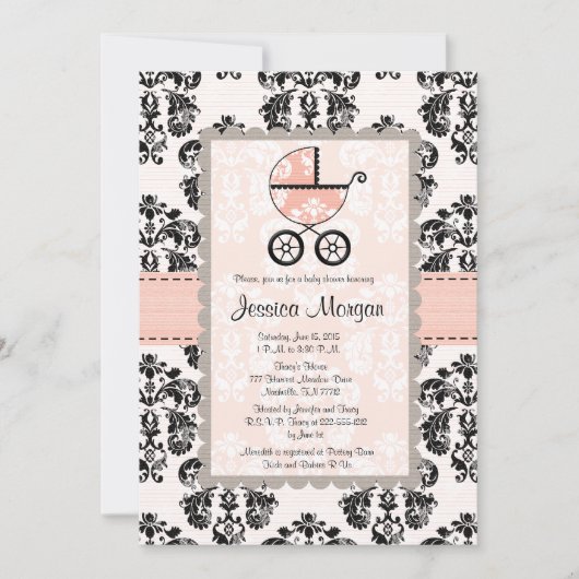 Roze en zwarte Damask Baby Shower-uitnodigingen Kaart (Voorkant)