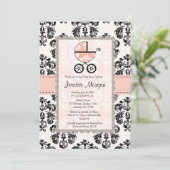 Roze en zwarte Damask Baby Shower-uitnodigingen Kaart (Staand voorkant)