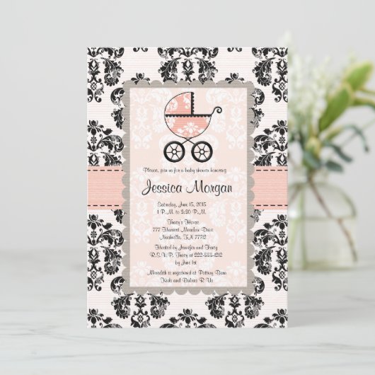 Roze en zwarte Damask Baby Shower-uitnodigingen Kaart (Staand voorkant)