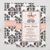 Roze en zwarte Damask Baby Shower-uitnodigingen Kaart (Voorkant / Achterkant)