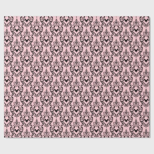 Roze en zwarte Damask Bats Cadeaupapier (Vlak)