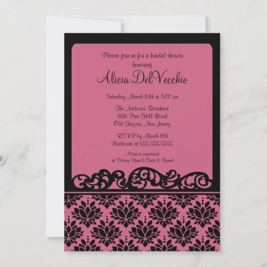 Roze en zwarte Damask Bridal Shower Invitation Kaart (Voorkant)