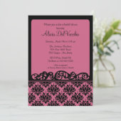 Roze en zwarte Damask Bridal Shower Invitation Kaart (Staand voorkant)