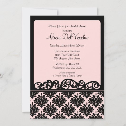 Roze en zwarte Damask Bridal Shower Invitation Kaart (Voorkant)