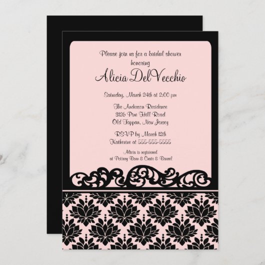 Roze en zwarte Damask Bridal Shower Invitation Kaart (Voorkant / Achterkant)