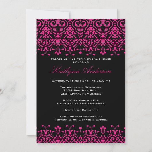 Roze en zwarte Damask Bridal Shower Invitation Kaart (Voorkant)